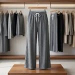 Women wearing grey ribbed full length wide leg pants with sparkles (3)