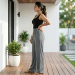 Women wearing grey ribbed full length wide leg pants with sparkles (4)