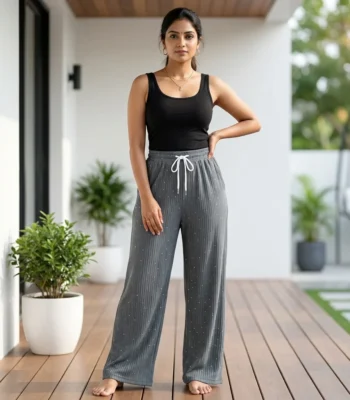 Women wearing grey ribbed full length wide leg pants with sparkles (5)