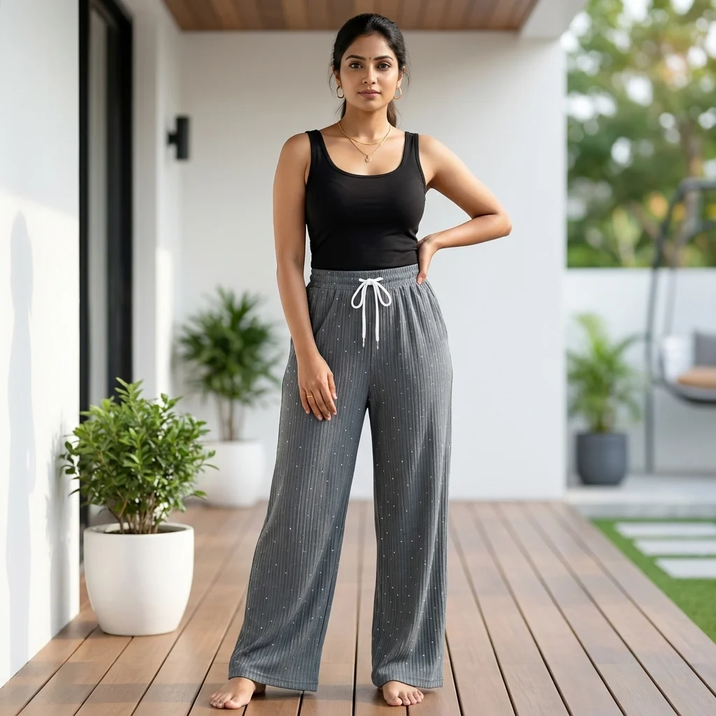 Women wearing grey ribbed full length wide leg pants with sparkles (5) Women wearing grey ribbed full length wide leg pants with sparkles (5)