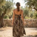 Women's Leopard Print Sleeveless Maxi Dress with Front Cut Out and Tie Back Detail (2)