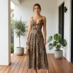 Women's Leopard Print Sleeveless Maxi Dress with Front Cut Out and Tie Back Detail (3)