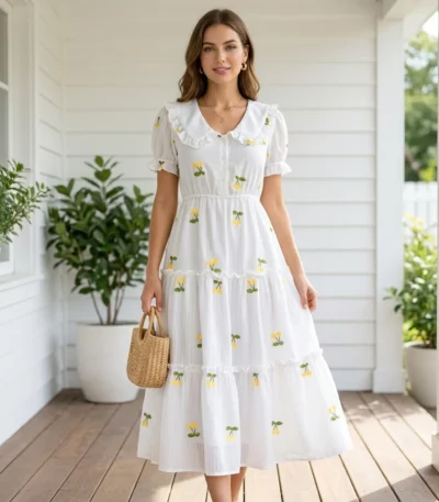 Women's White Cotton Embroidered Tiered Maxi Dress (2)