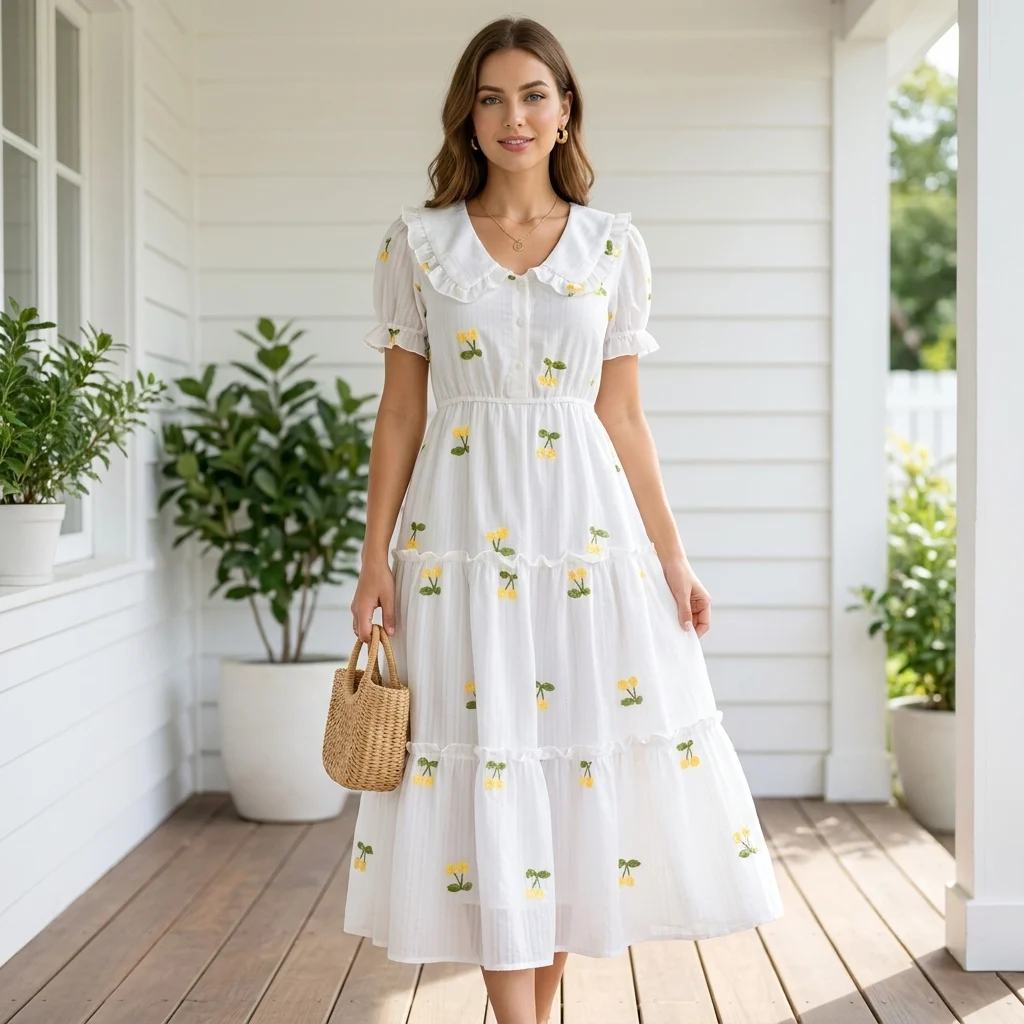 Women's White Cotton Embroidered Tiered Maxi Dress (2)