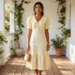 Women's Yellow Sunflower Embroidered Puff Sleeve Midi Dress with Ruffle Hem and Back Tie (1)