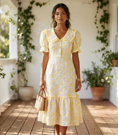 Women's Yellow Sunflower Embroidered Puff Sleeve Midi Dress with Ruffle Hem and Back Tie (1)