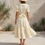 Women's Yellow Sunflower Embroidered Puff Sleeve Midi Dress with Ruffle Hem and Back Tie (2)