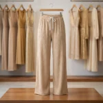 Women's beige ribbed wide leg pants with crystal details (1)