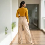 Women's beige ribbed wide leg pants with crystal details (2)