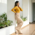 Women's beige ribbed wide leg pants with crystal details (4)