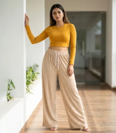 Women's beige ribbed wide leg pants with crystal details (5)