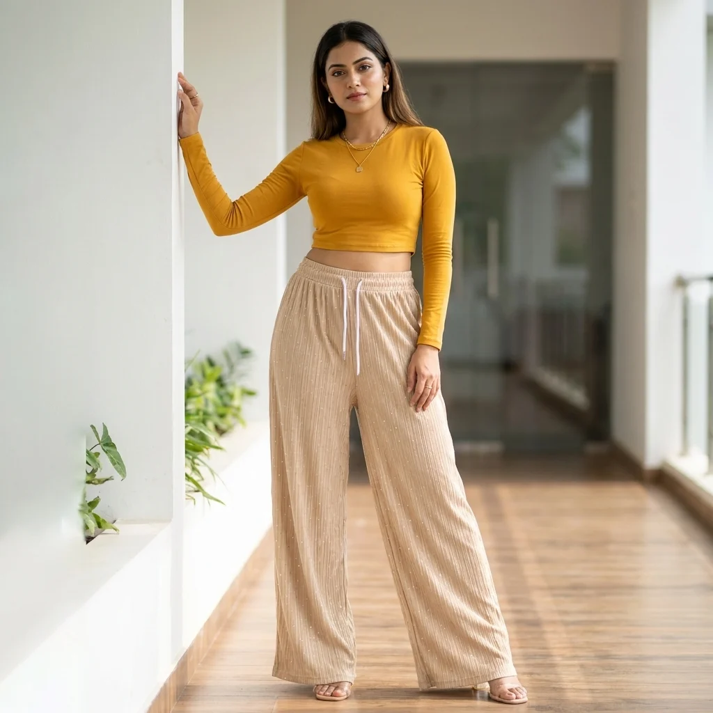 Women's beige ribbed wide leg pants with crystal details (5) Women's beige ribbed wide leg pants with crystal details (5)