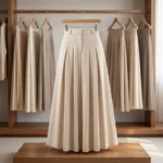 Women's beige solid pleated high waist maxi skirt (1)