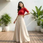 Women's beige solid pleated high waist maxi skirt (3)