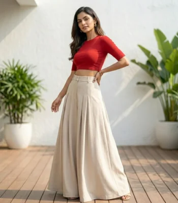 Women's beige solid pleated high waist maxi skirt (3)