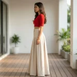 Women's beige solid pleated high waist maxi skirt (4)