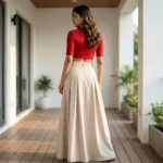 Women's beige solid pleated high waist maxi skirt (5)