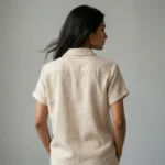 Women's beige woven short sleeve button down shirt (2)
