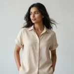 Women's beige woven short sleeve button down shirt (3)