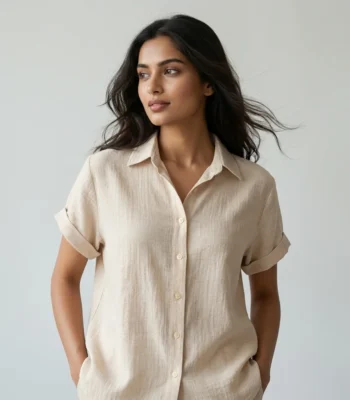 Women's beige woven short sleeve button down shirt (3)