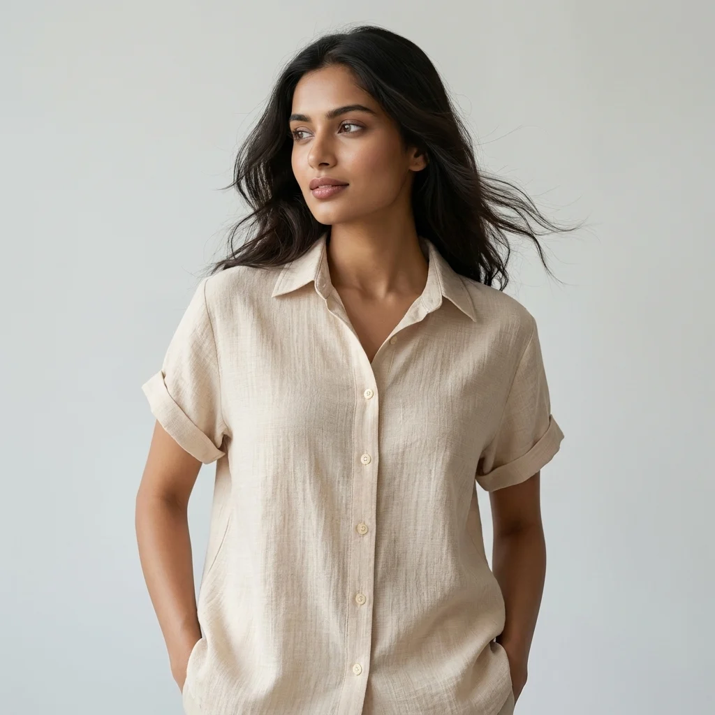 Women's beige woven short sleeve button down shirt (3)