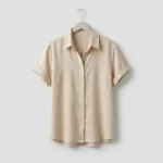 Women's beige woven short sleeve button down shirt (4)