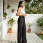 Women's black wide leg formal trousers smooth texture solid pattern (1)