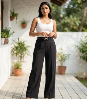 Women's black wide leg formal trousers smooth texture solid pattern (3)