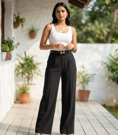 Women's black wide leg formal trousers smooth texture solid pattern (3)