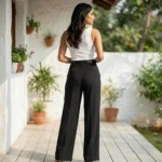 Women's black wide leg formal trousers smooth texture solid pattern (4)