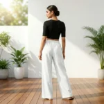 Women's casual white wide leg trousers with drawstring waist (1)