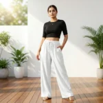 Women's casual white wide leg trousers with drawstring waist (5)