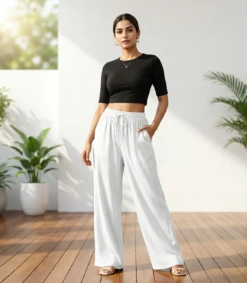 Women's casual white wide leg trousers with drawstring waist (5)