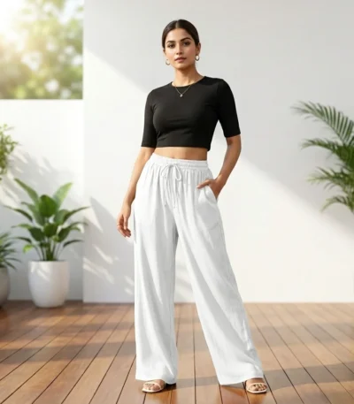 Women's casual white wide leg trousers with drawstring waist (5)