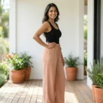 Women's dusty peach wide leg textured cotton casual pants (1)