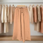 Women's dusty peach wide leg textured cotton casual pants (2)