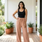 Women's dusty peach wide leg textured cotton casual pants (3)