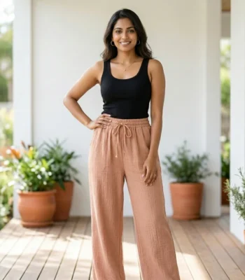 Women's dusty peach wide leg textured cotton casual pants (3)
