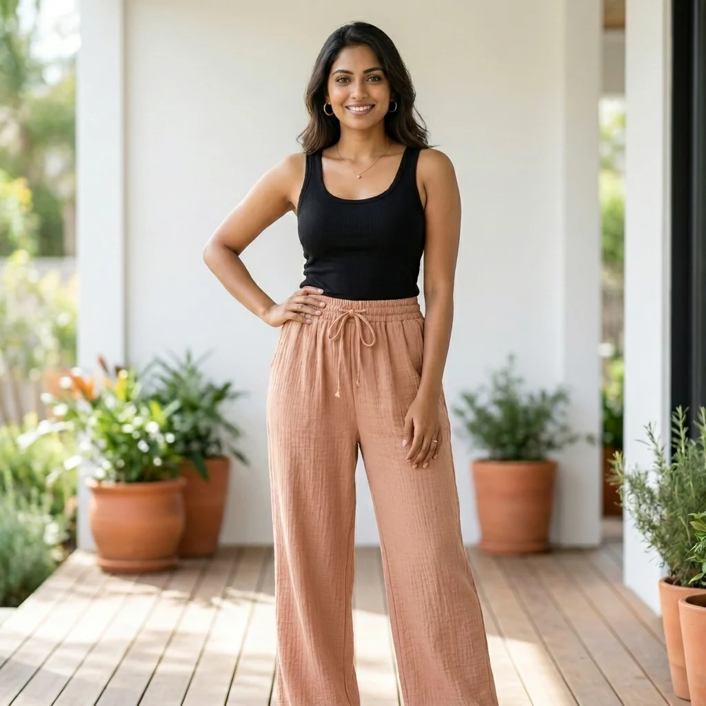 Women's dusty peach wide leg textured cotton casual pants (3) Women's dusty peach wide leg textured cotton casual pants (3)