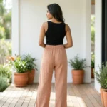Women's dusty peach wide leg textured cotton casual pants (4)