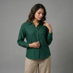 Women's emerald green long sleeve button down shirt with classic collar (3)