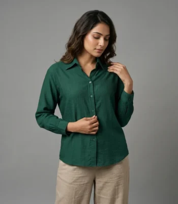 Women's emerald green long sleeve button down shirt with classic collar (3)
