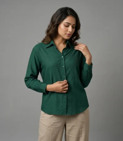 Women's emerald green long sleeve button down shirt with classic collar (3)