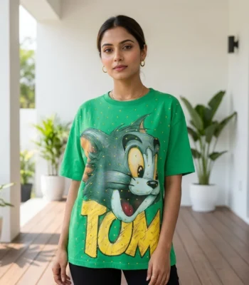 Womens green oversized t shirt with Tom cartoon graphic print in front (1)