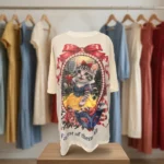 Women's off white oversized t shirt with cat graphic and textured embroidery (2)