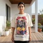 Women's off white oversized t shirt with cat graphic and textured embroidery (3)
