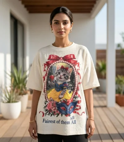 Women's off white oversized t shirt with cat graphic and textured embroidery (3)