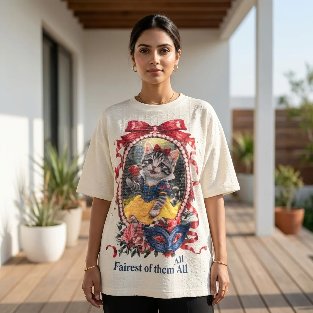 Women's off white oversized t shirt with cat graphic and textured embroidery (3) Women's off white oversized t shirt with cat graphic and textured embroidery (3)