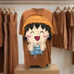 Women's oversized brown t shirt with large fabric character patch on front (1)