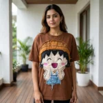 Women's oversized brown t shirt with large fabric character patch on front (4)